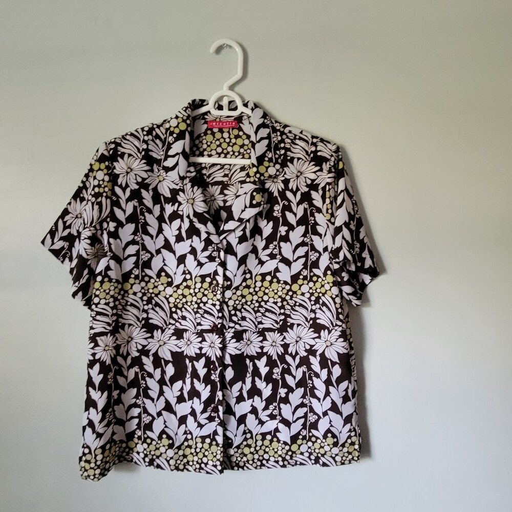 Nicolle Vintage Blouse Women's Large Short Sleeve Button Down Brown White Green